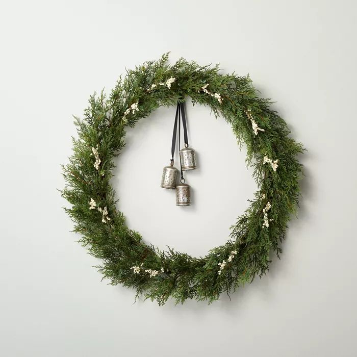 32&#34; Faux Cedar Plant Wreath with White Berries and Bells - Hearth &#38; Hand&#8482; with Magn... | Target
