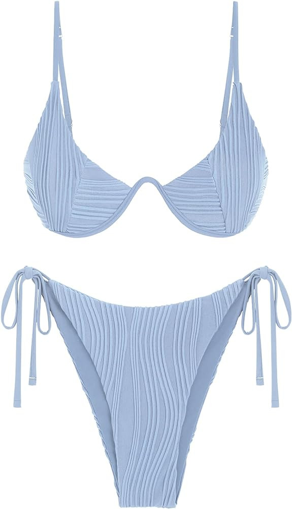 ZAFUL Women's Bikini Sets Ribbed Two Piece Swimsuits Underwire Adjustable Back Clasp Bathing Suit... | Amazon (US)