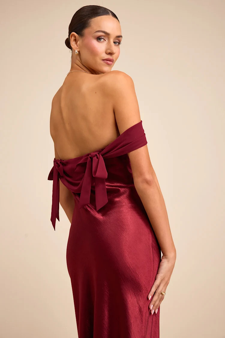 Alaida Wine Red Satin Off-the-Shoulder Maxi Dress | Lulus