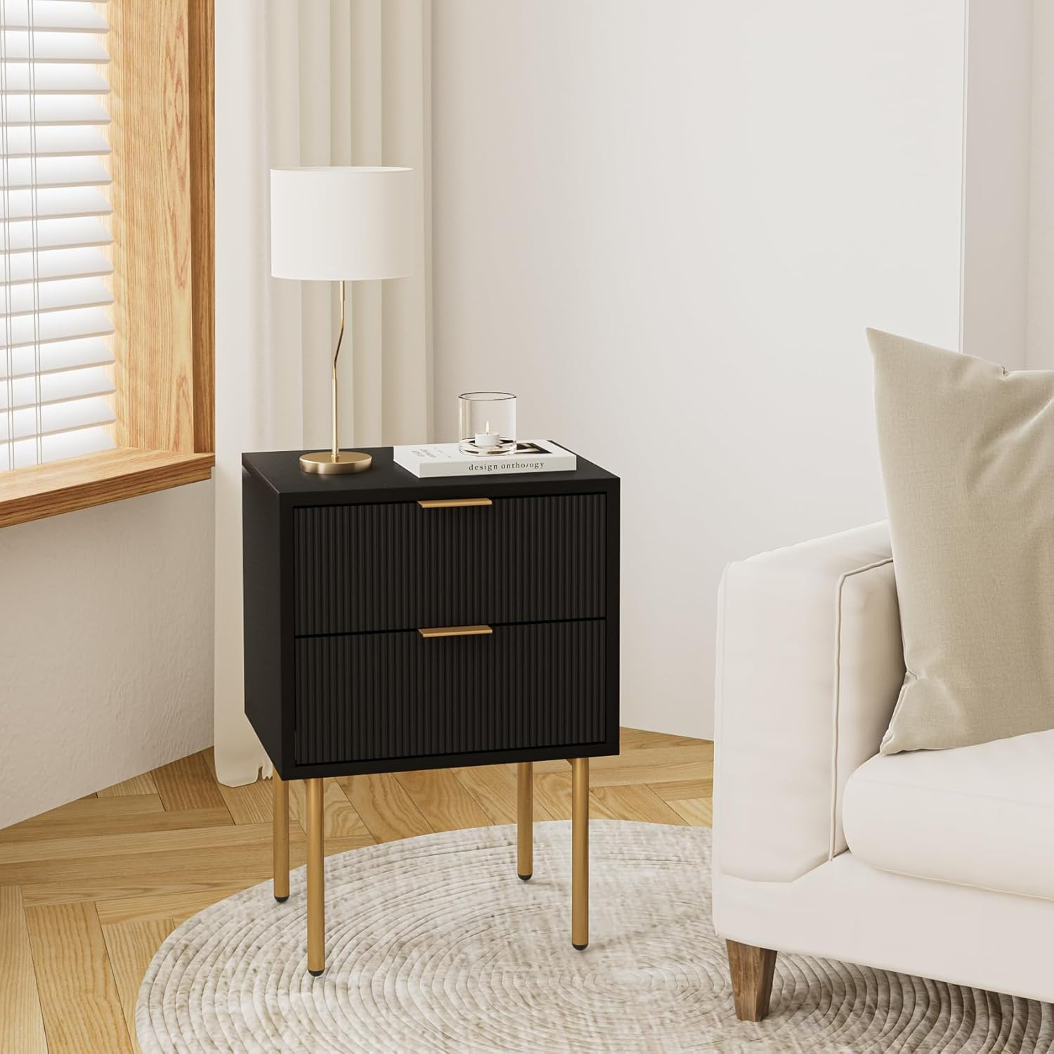 Masupu Nightstand,Mid-Century Modern Bedside Table with 2 Storage Drawer,Small Gold Frame Side En... | Amazon (US)