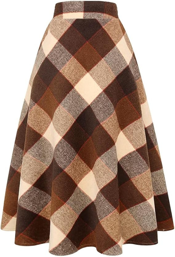 Long Plaid Wool Skirt for Womens Winter Fall Warm High Elastic Waist A line Flared Pleated Wool T... | Amazon (US)