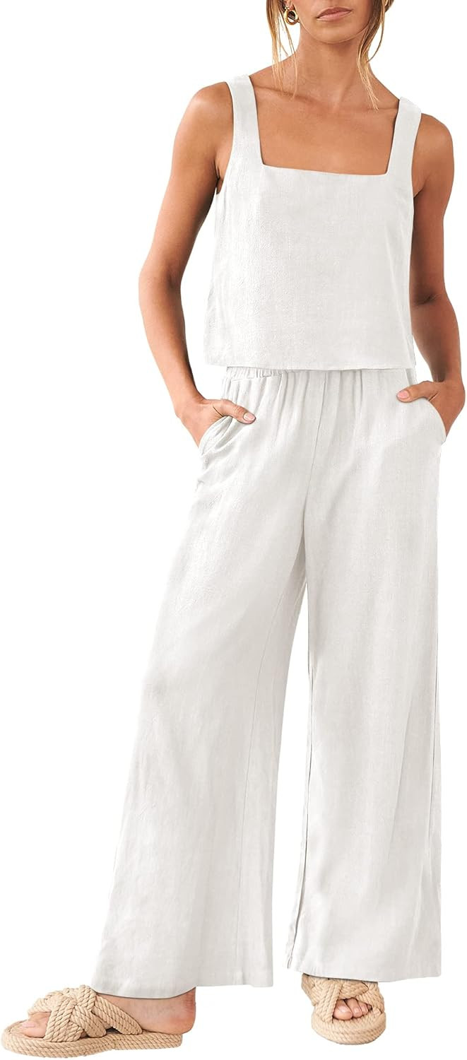 ANRABESS Women's 2 Piece Outfits Square Neck Linen Tank Crop Top Wide Leg Pants Matching Lounge S... | Amazon (US)