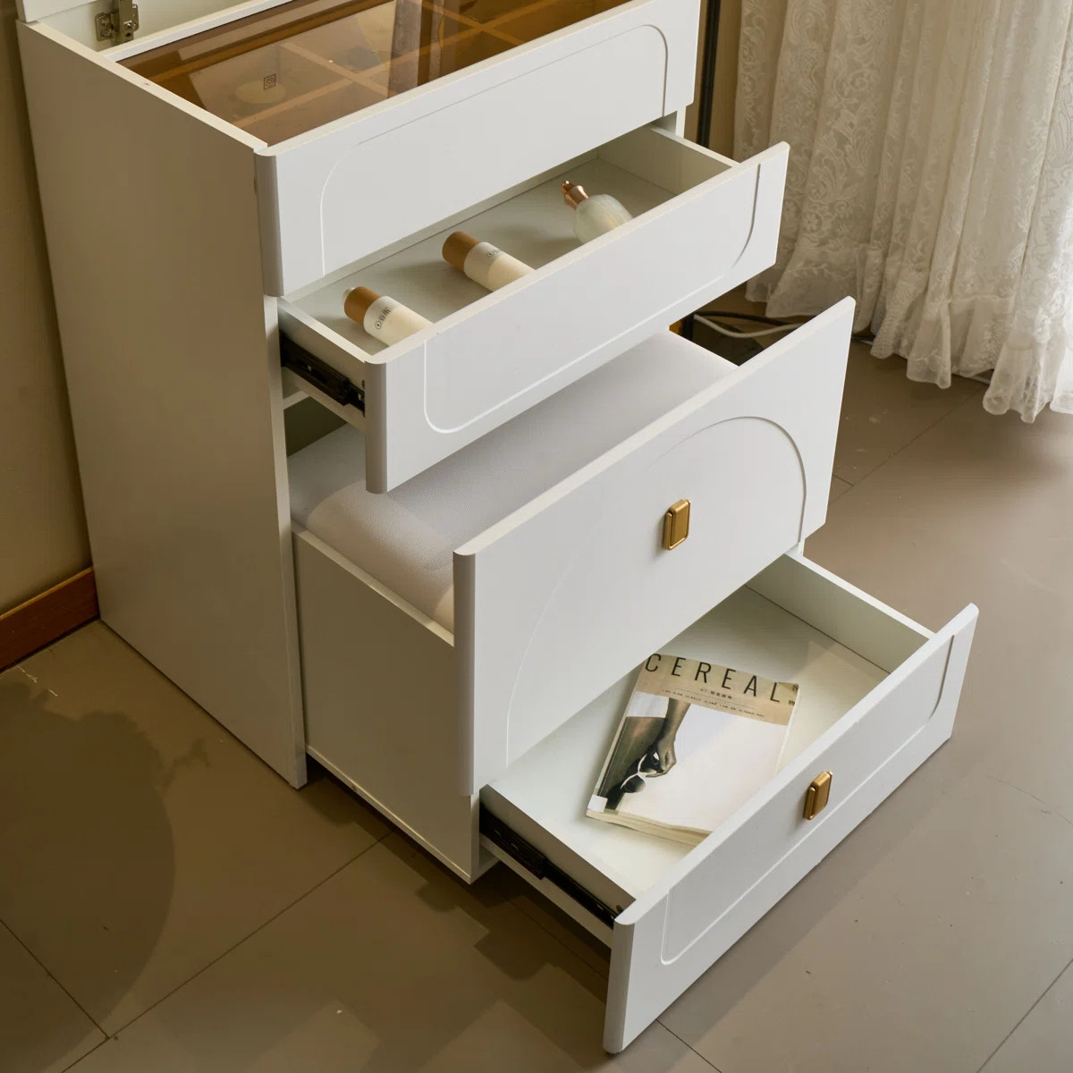 3-in-1 Vanity With Flip Mirror, Small Vanity With Visible Glass Tabletop, Vanity With 3 Drawers | Wayfair North America