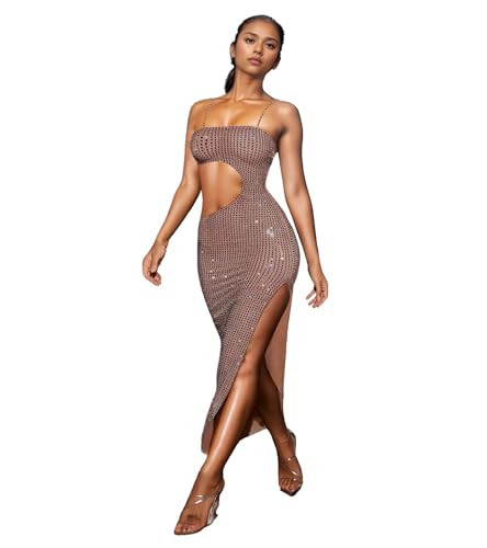 PORRCEY Sexy Elegant Women Rhinestone Spaghetti Straps Hollow Out Split Dress Party Club Night Evening Dress(Y1016,Beige,M) | Amazon (US)