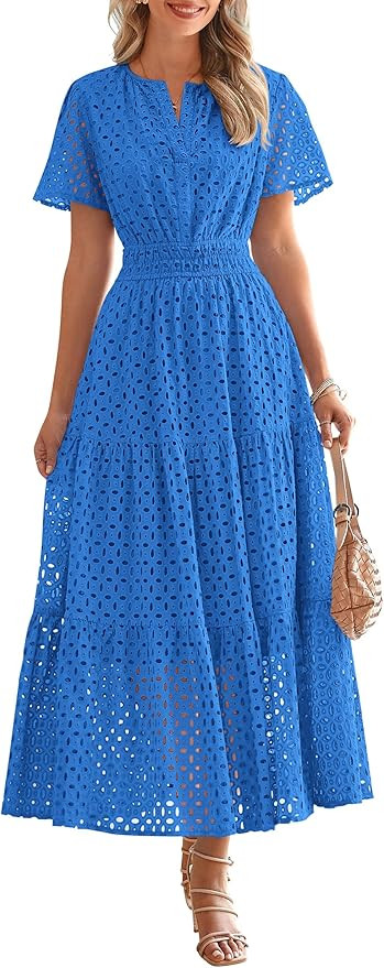 PRETTYGARDEN Womens 2025 Summer Maxi Dress Short Sleeve V Neck Hollow Out Eyelet A Line Long Flow... | Amazon (US)