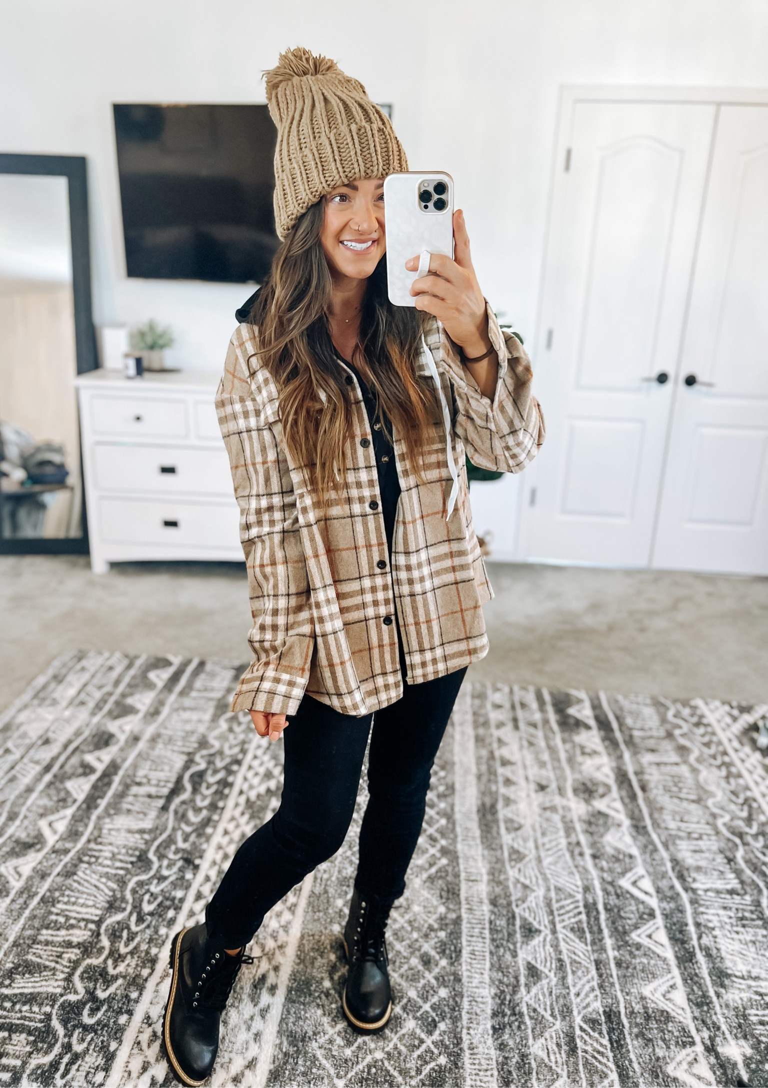 Cutest plaid shacket for Fall! Soft and not scratchy 👌 lots of colors available! Jeans, boots, necklaces, and beanie all on sale 9/21-9/24!! Be sure to copy promo code! 

#LTKstyletip #LTKSale #LTKshoecrush
