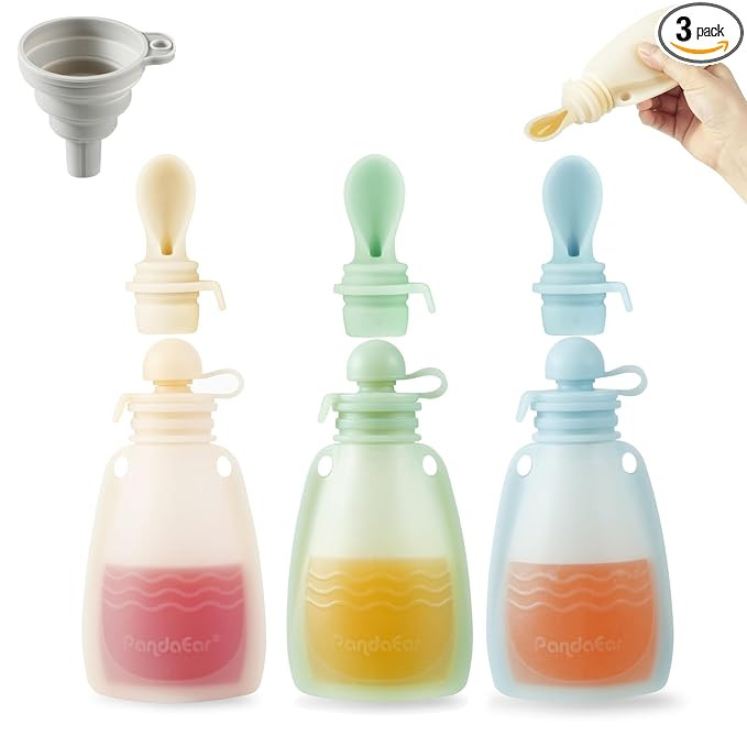 PandaEar 3 Pack Silicone Baby Food Pouches, Reusable Squeeze Pouches for Toddler with 3 Silicone ... | Amazon (US)