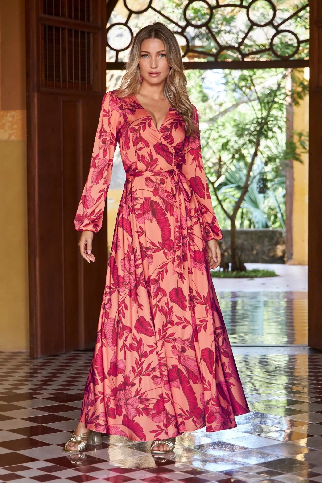 Tropical Nights Print Wrap Maxi Dress Pink | Boston Proper