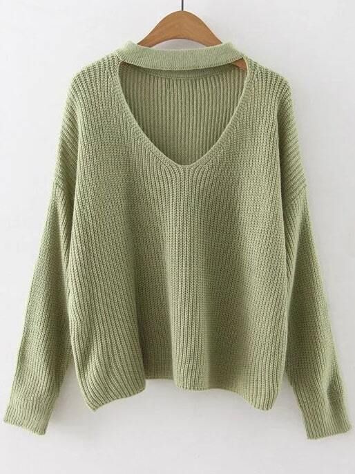 Green Choker Neck Drop Shoulder Sweater | Romwe