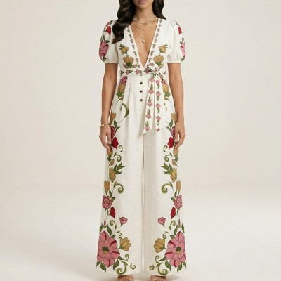 Anna-Kaci Women's Short Sleeve Floral Wide Leg Jumpsuit with Deep V Neck Button Front Waist Tie Relaxed Fit - X Large, Light Beige | Target