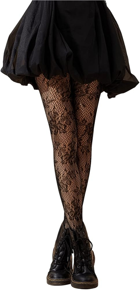 SHEIN Women's Patterned Tights Fishnet Floral Stockings Pantyhose Stockings Leggings Flower Black... | Amazon (US)