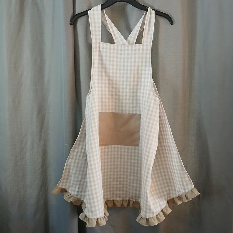 Tan & Cream Gingham Homespun Cotton Crossback Apron – Farmhouse Charm With Timeless Comfort, Ki... | Etsy (US)
