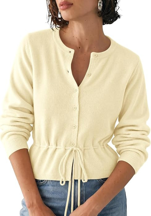 Saodimallsu Womens Cropped Cardigan Button Up Tie Crew Neck Fall Sweaters | Amazon (US)