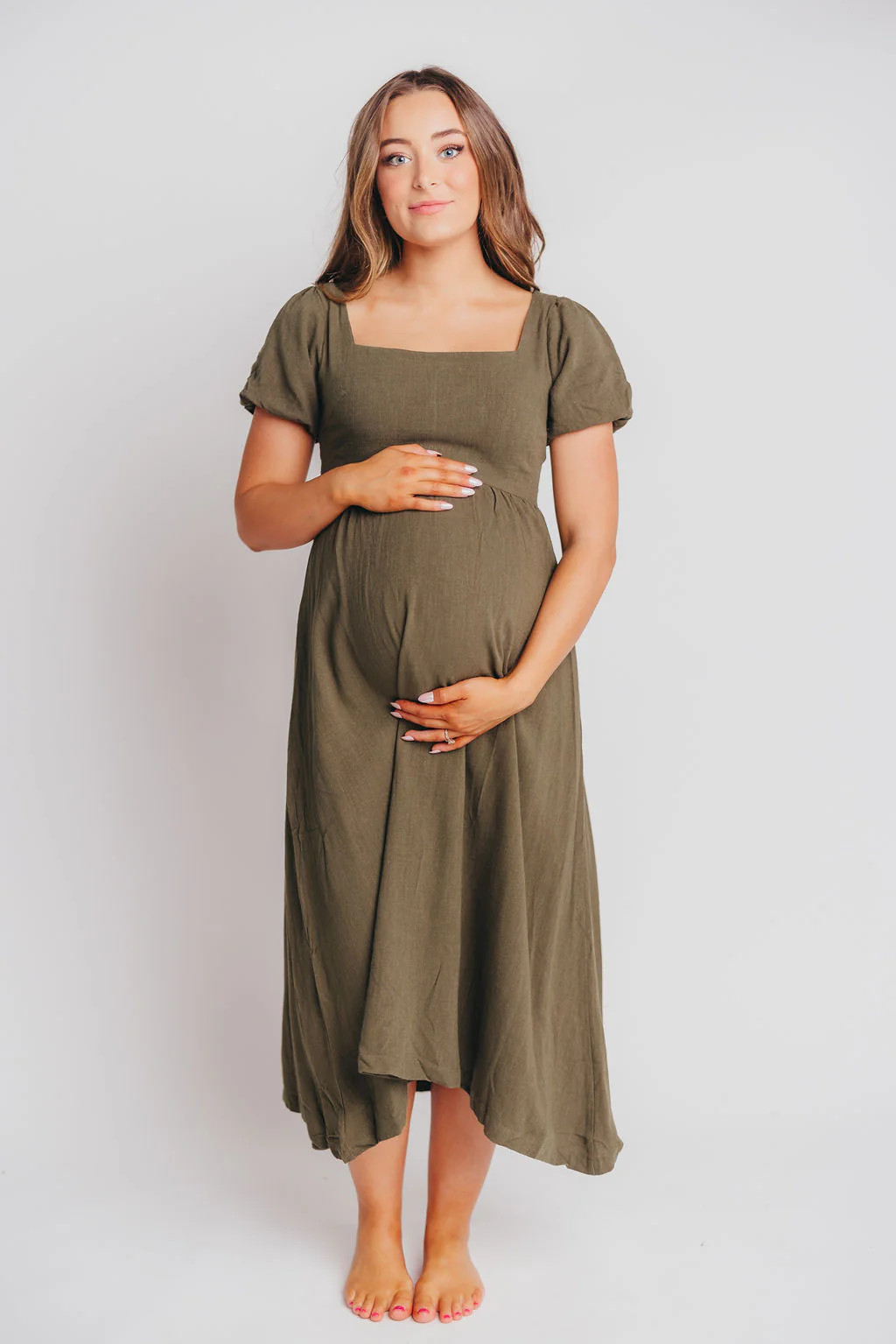 Ainsley Square Neck Midi Dress with Puffed Sleeves in Hunter Green - B | Worth Collective