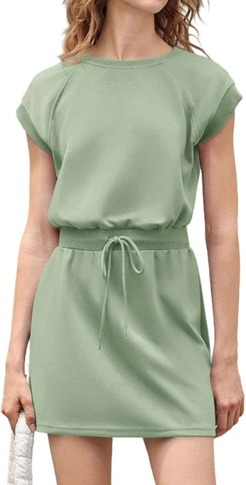 Fisoew Womens Summer Athletic Dress Drawstring Cap Sleeve Crewneck Casual Active Tennis Dresses | Amazon (US)