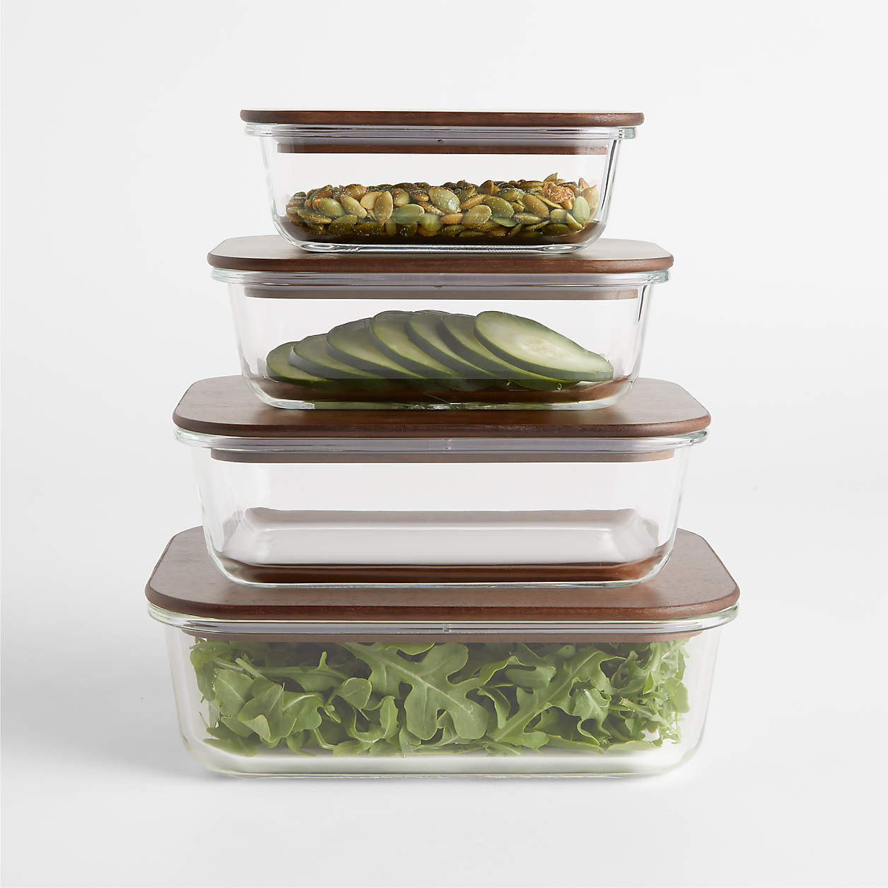Crate & Barrel 8-Piece Rectangular Glass Food Storage Container Set with Dark Acacia Wood Lids + ... | Crate & Barrel
