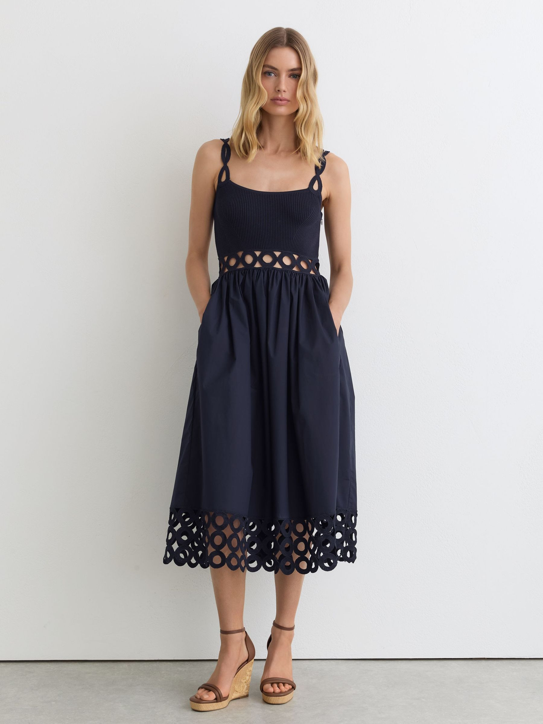 Rib-Knit Woven Mix Cut-Out Midi Dress in Navy | Reiss UK