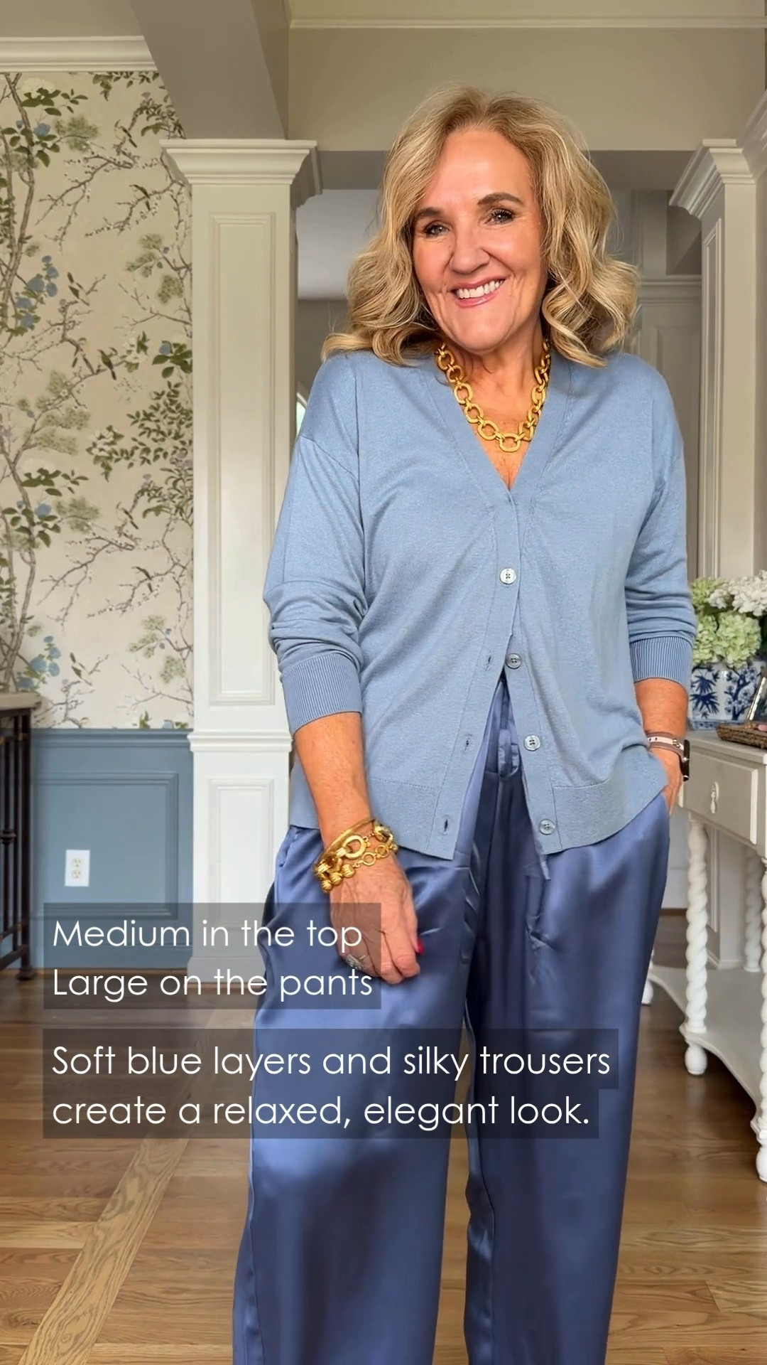 This soft blue cardigan and satin pants are an easy way to make comfort feel polished. The relaxed cardigan balances the silky wide-leg pants beautifully, creating a simple monochromatic look that works from daytime plans to dinner.

💡 LTK MADE EASY
❤️ Heart = Support my posts!
🔖 Save = Get sale & restock alerts
📋 Lists = Keep favorites organized
📲 Share = Send lists and products to a friend. Hello, Christmas List!
💬 Comment = Ask me anything about what I'm wearing.:-)

#LTKootd #LTKWedding #LTKOver40