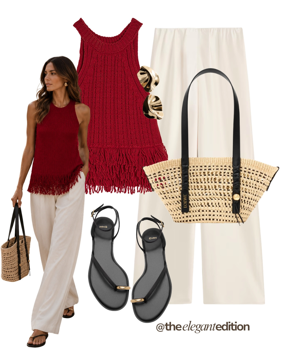RED FRINGE KNIT LOOK ❤️🤍 — Red fringe knit halter top, cream wide-leg trousers, Loewe basket bag and black sandals. Bold colour, effortless styling.

#summeroutfit #oldmoney #quietluxury #LTKsummer #LTKstyletip 

 #LTKeurope #LTKsummer #LTKstyletip