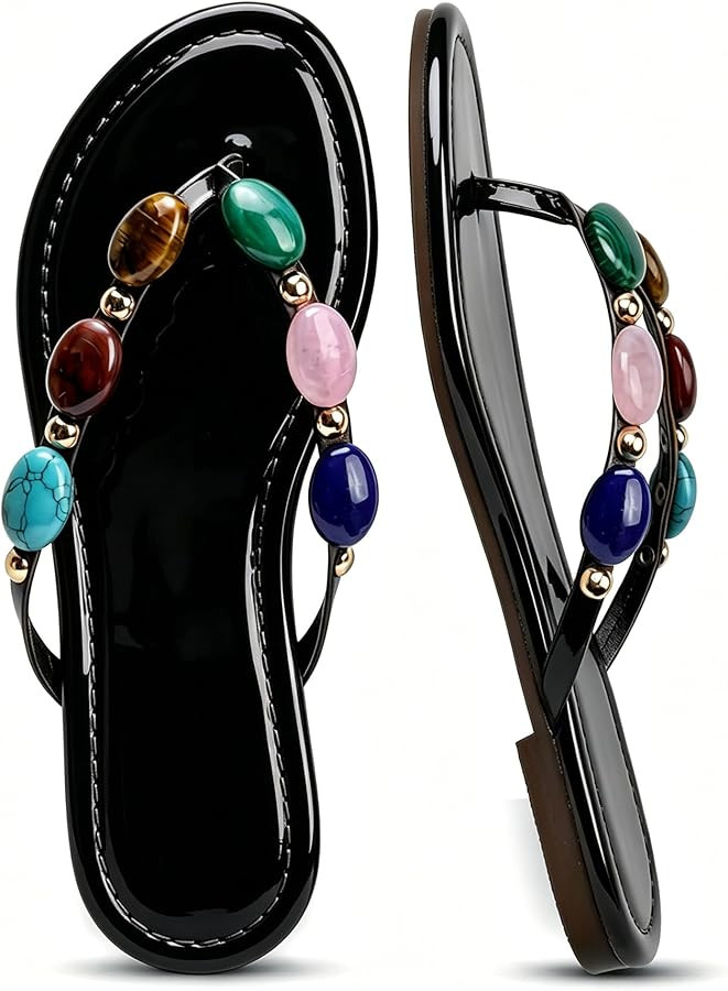 Oakmoo Women Jewelled Thong Strap Open Round Toe Flip Flops Comfy Slip on Flats Sandals Casual Su... | Amazon (US)