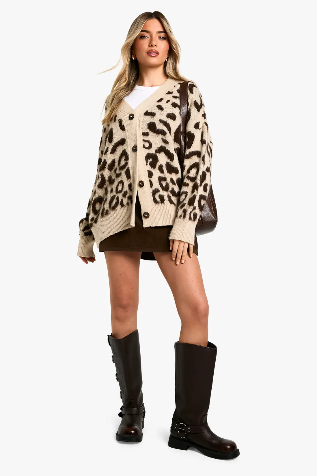 Brushed Knit Leopard Boyfriend Cardigan | boohoo (US & Canada)