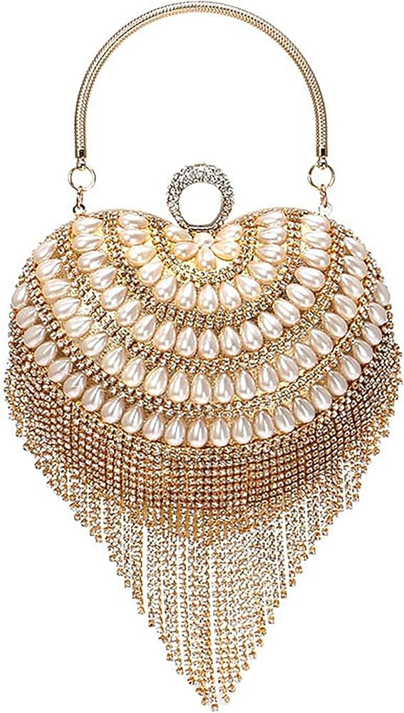 UMREN Women Luxury Heart Shape Tassel Evening Clutch Bag Rhinestones Wedding Party Purse Handbag | Amazon (US)