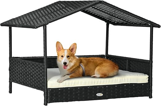 PawHut Wicker Dog House Outdoor with Canopy, Rattan Dog Bed with Water-Resistant Cushion, Raised ... | Amazon (US)