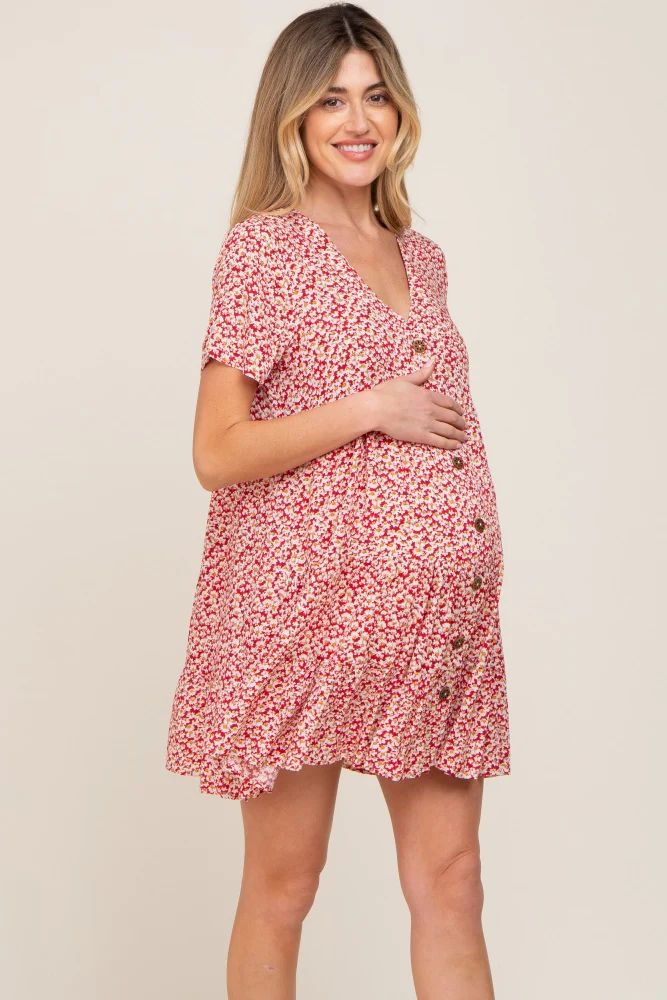 Red Floral Button Down Tiered Maternity Dress | PinkBlush Maternity