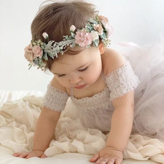 Child headband, Flower girl crown, Blush baby flower crown, Toddler flower crown. | Etsy (US)