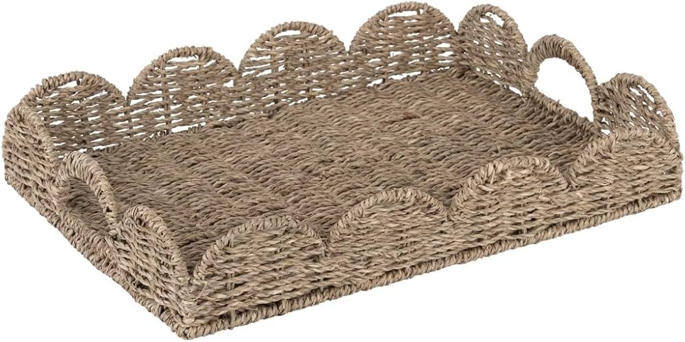 StorageWorks Scalloped Tray, Wicker Rattan Serving Tray with Handles, Woven Rectangle Seagrass Tr... | Amazon (US)