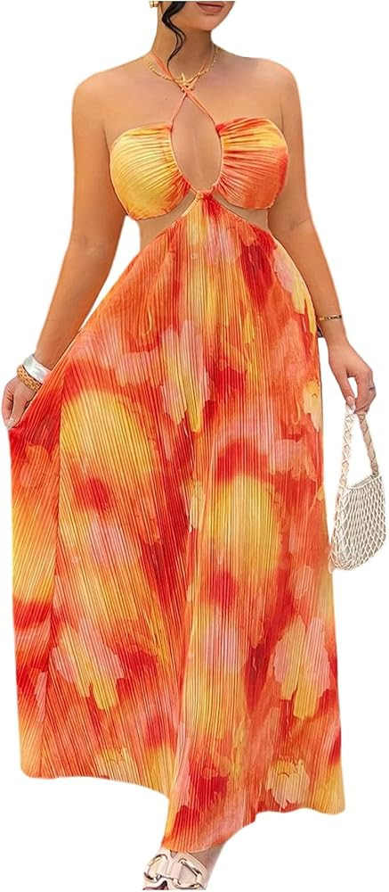 OYOANGLE Women's Tie Dye Sleeveless Criss Cross Halter Maxi Dress Pleated Backless Boho Beach Vac... | Amazon (US)