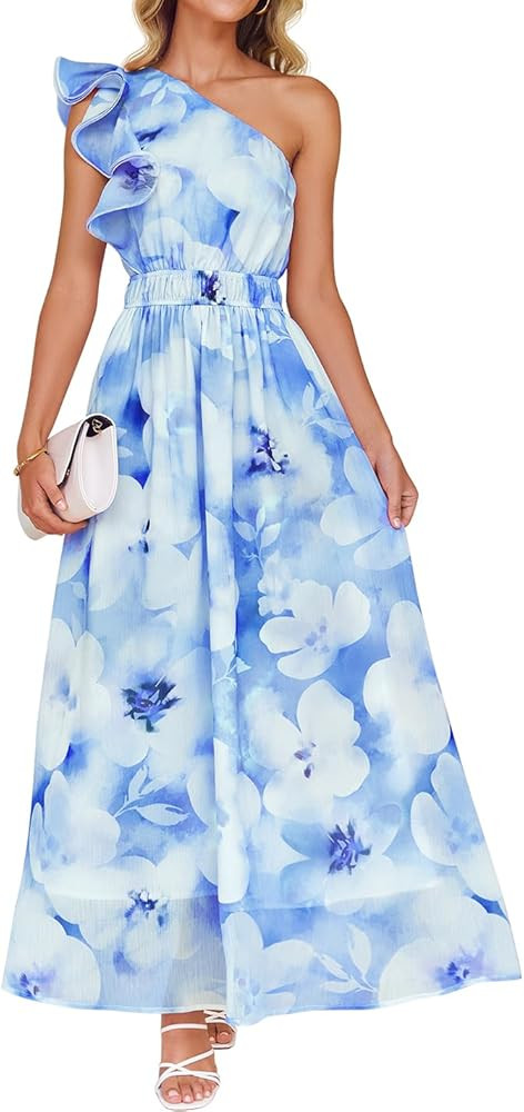 ZESICA Women's 2025 Boho Floral Sleeveless Maxi Dress Ruffle One Shoulder Elatsic High Waist Beac... | Amazon (US)