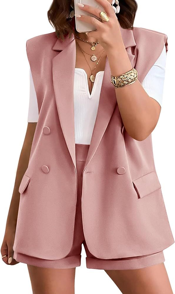 KIRUNDO Womens Fashion Two Piece Outfits 2024 Summer Business Casual Sleeveless Blazer Vest Short... | Amazon (US)