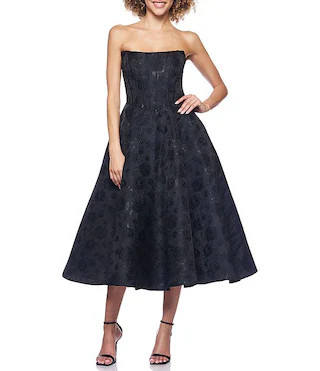 Jacquard Strapless Scoop Neck Bustier Bodice A-Line Midi Dress | Dillard's