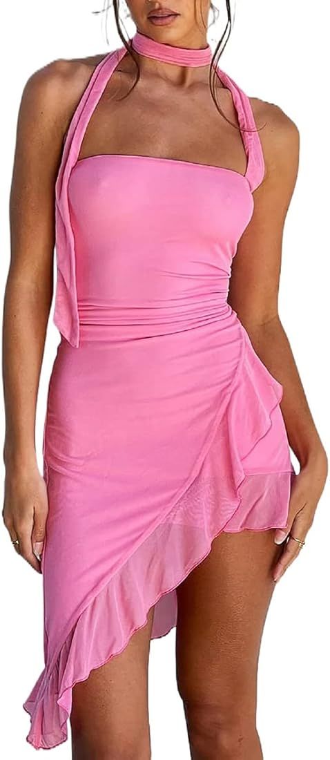 Yeenily Women Sexy Ruffle Hem Strapless Long Dress Irregular Floral Tassel Tube Dress Summer Part... | Amazon (US)