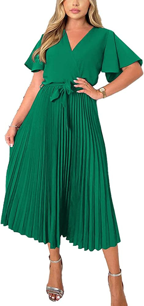BTFBM Women Wrap V Neck Casual Summer Dresses 2023 Short Sleeve Satin Tie Waist Pleated Flowy Wed... | Amazon (US)