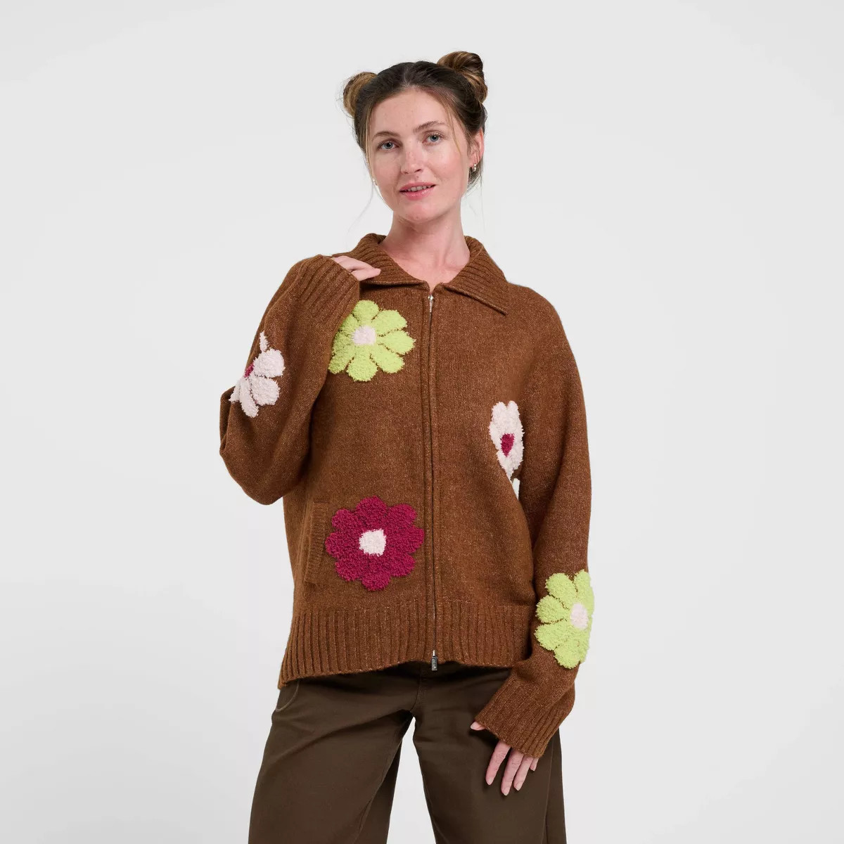 Women's dELiA*s Zip-Up Floral Cardigan - Brown L | Target