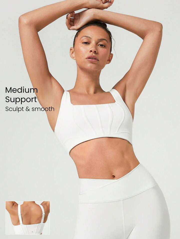 GLOWMODE FeatherFit™-Sculpt Corset Seam Square Neck Sports Bra With Removable Seamless Cups Medium Impact Gym Workout Jogging | SHEIN