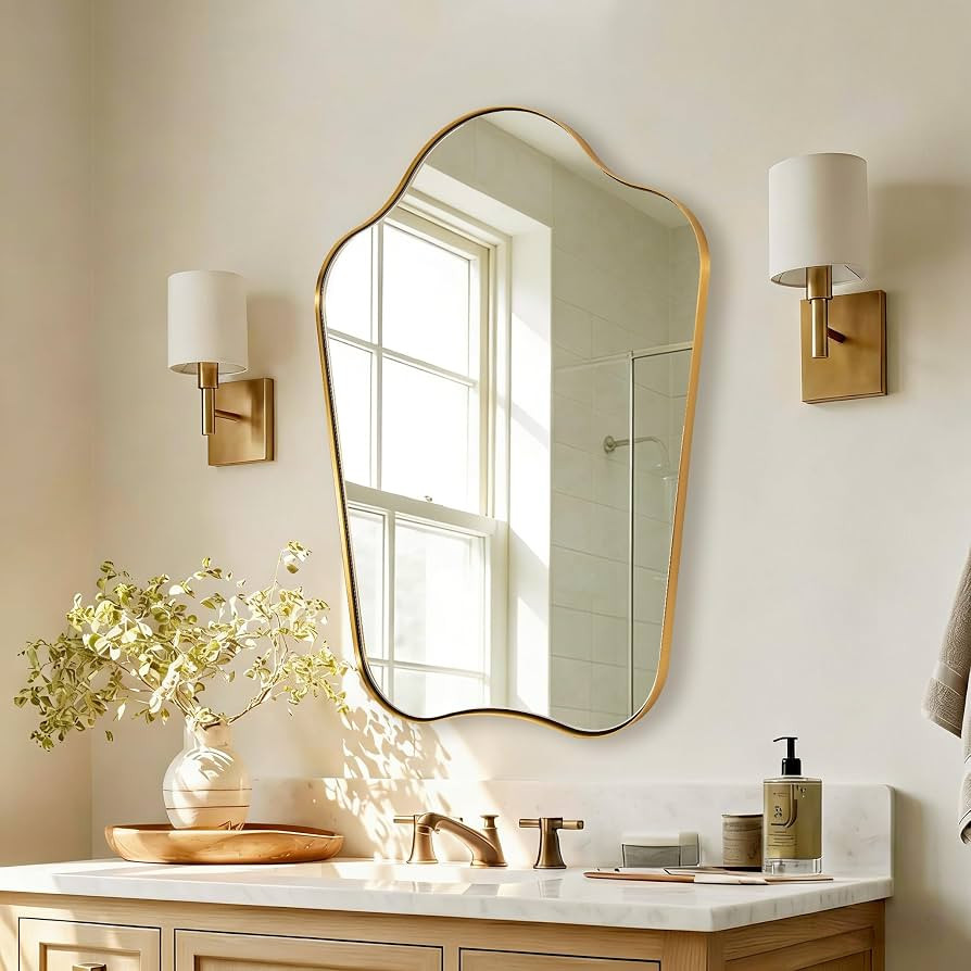 ANDY STAR 24x32 Inch Brushed Gold Curved Irregular Bathroom Mirror | Amazon (US)
