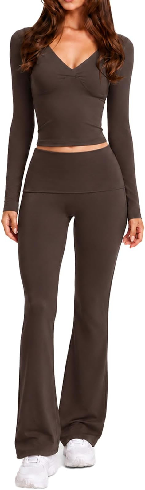 SUUKSESS Women 2 pieces Lounge Sets Long Sleeve V Neck Tops Fold Over Flare Leggings | Amazon (US)