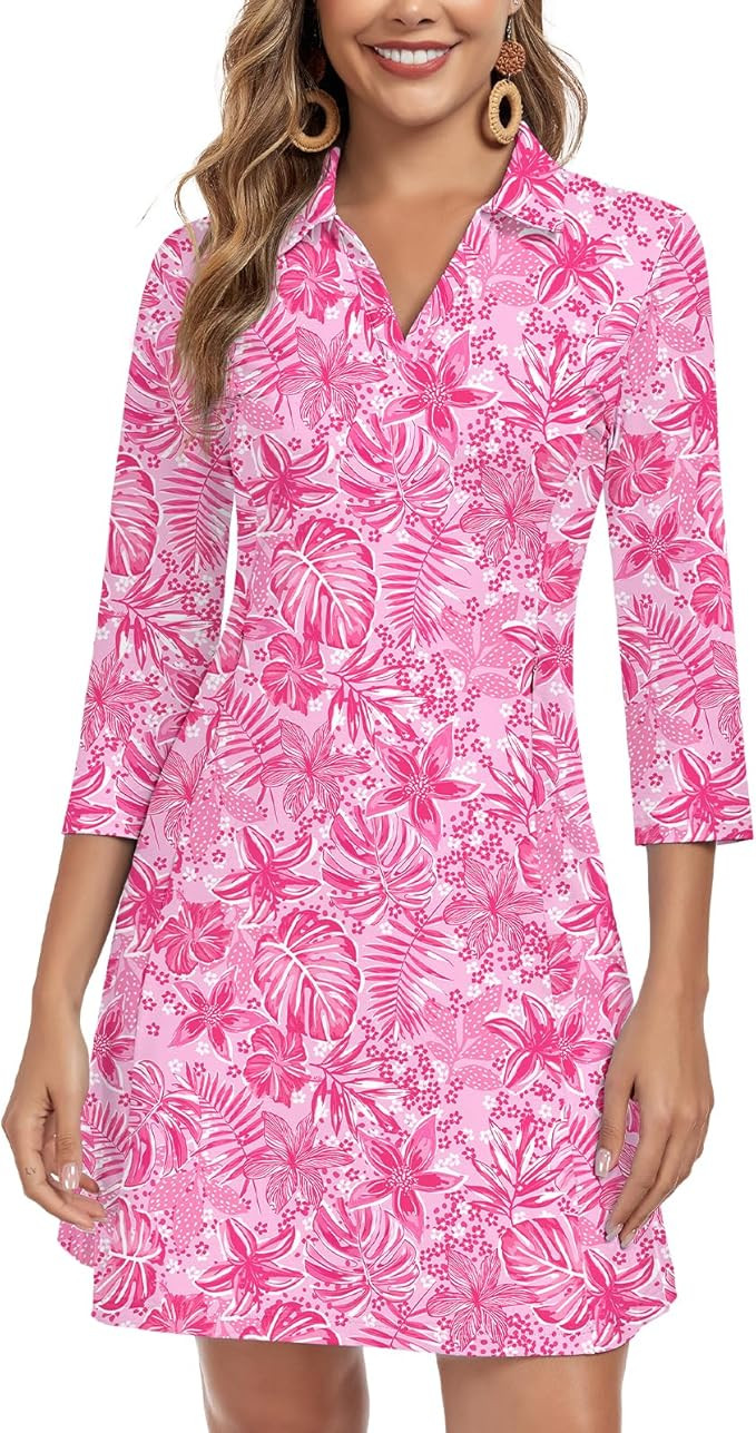 WOWENY 3/4 Sleeve Dress for Women with Pockets V Neck UPF 50+ Casual Sun Dress Breathable Quick D... | Amazon (US)