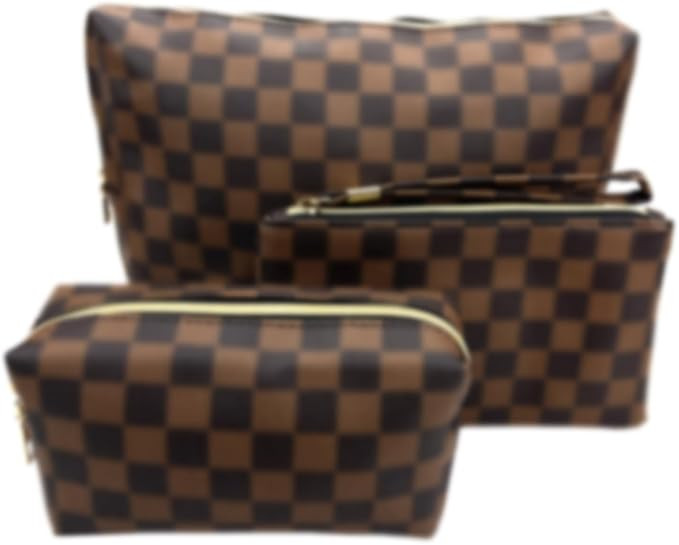 bopomofo Brown Checkered Cosmetic Bag 3 Pack,1 Big Pouch,1 Makeup Brushes Holder, 1 Coin Purse,Po... | Amazon (US)