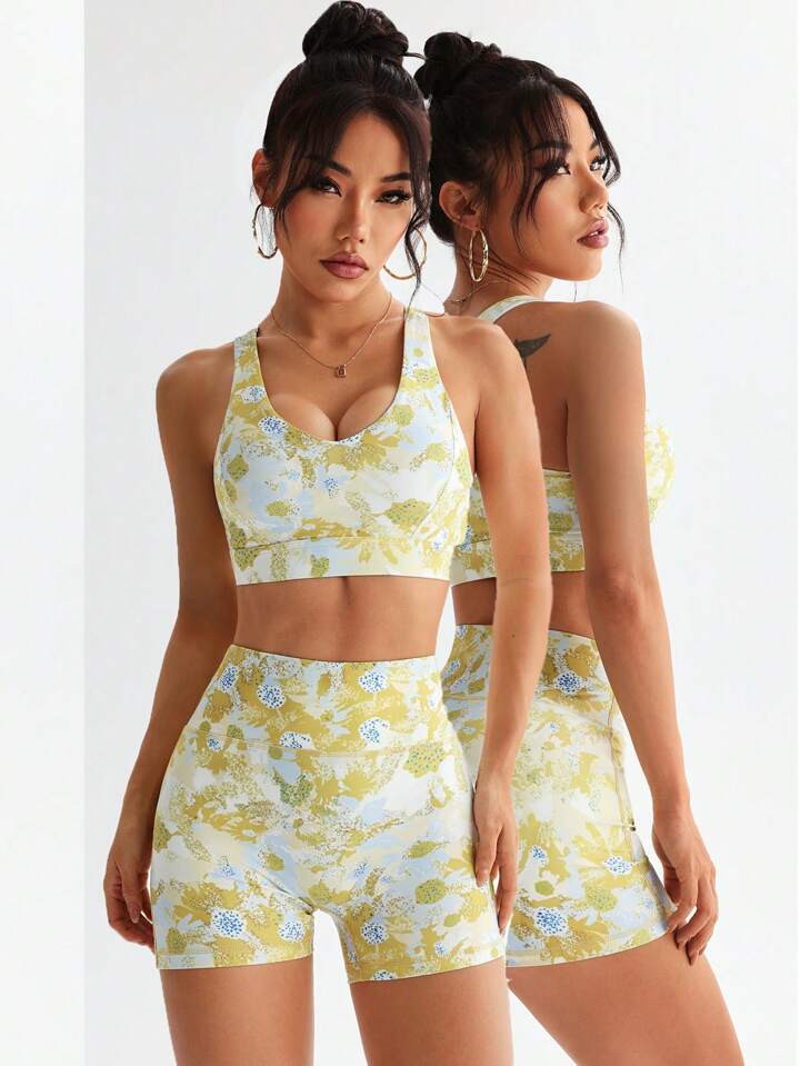 SHEIN Sport Studio Women Floral Print Cropped Tank Top And Shorts Activewear Set | SHEIN