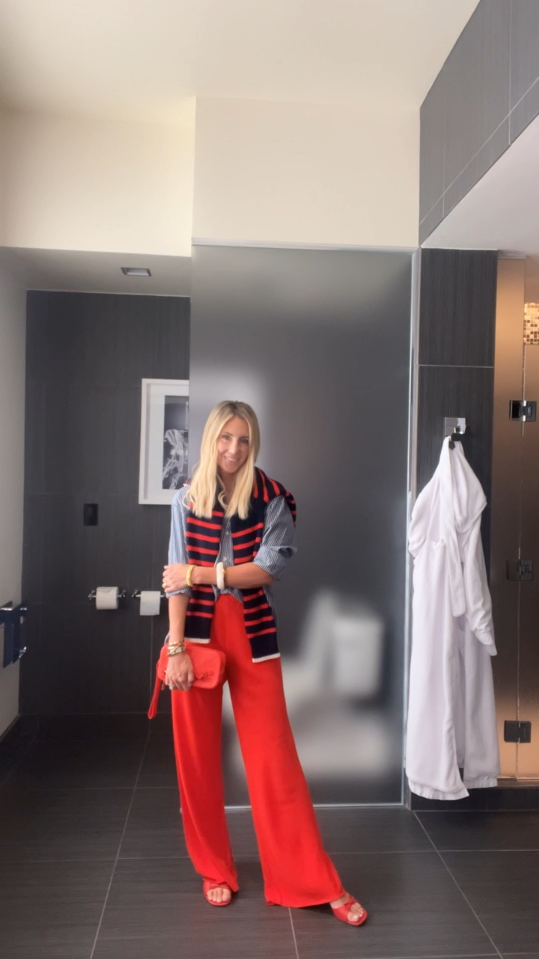 The best red pants. Get your normal size. We love a blue and white button down around here. Get your normal size here too. 