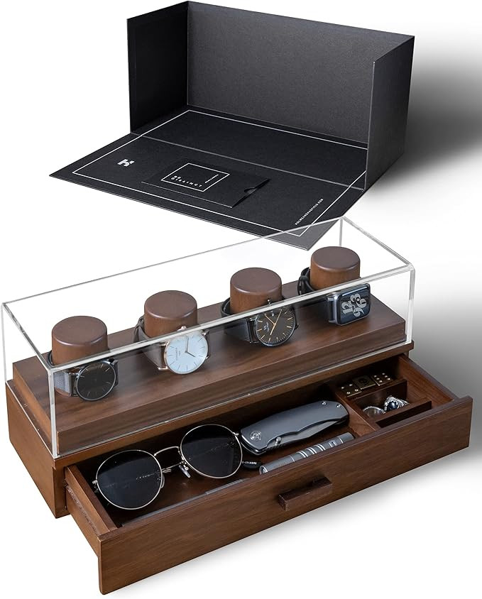 Watch Box Organizer For Men - Modern Watch Display Case and Mens Jewelry Box Organizer With Walnu... | Amazon (US)
