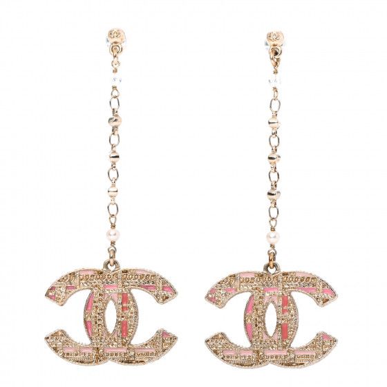 CHANEL

Pearl Crystal CC Tweed Drop Earrings Gold Pink Pearly White | Fashionphile