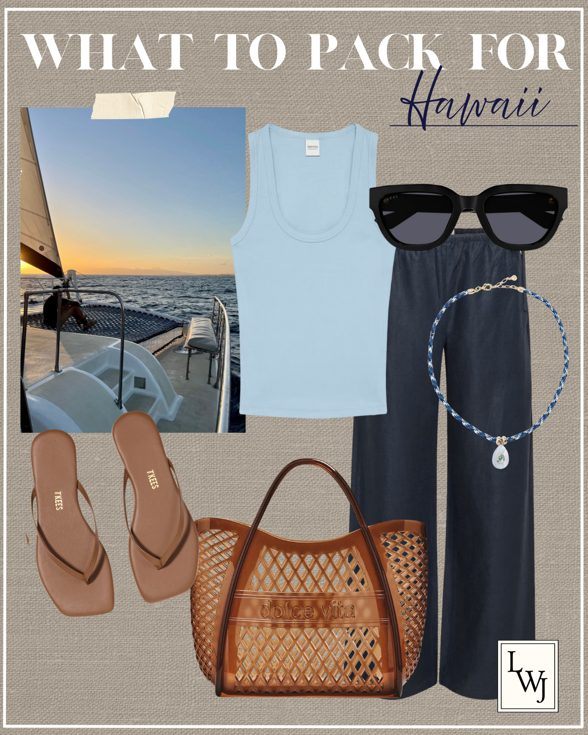 hawaii outfit inspo 

summer vacation / island vacation / oahu outfit / catamaran tour / scoopneck tank / aritzia artisan linen pants / tkees sandals / jelly dolce vita tote bag / fun summer jewelry gucci sandals / boat outfit

#LTKootd #LTKSeasonal #LTKTravel