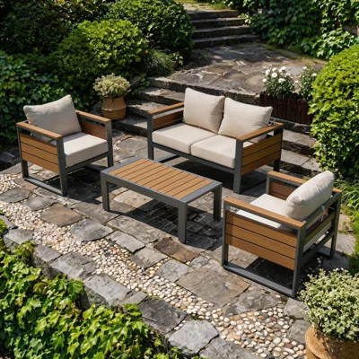 Aluminum Patio Furniture Set, 4-piece Outdoor Sectional Sofa With Coffee Table, Shiny Powder Coated Patio Conversation Sets With 5" Thick Cushion & Wi | Wayfair North America