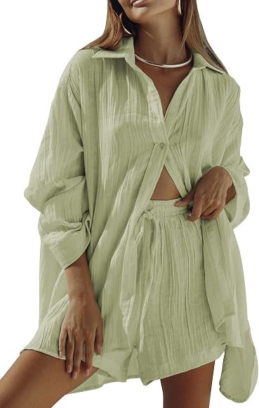 VamJump Women's 2 Piece Outfits Casual Long Sleeve Button Down Shirt and Shorts Tracksuit Matchin... | Amazon (US)