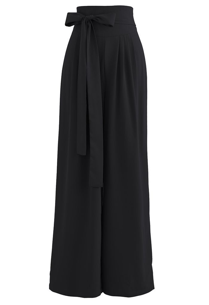 Bowknot High Waist Wide-Leg Pants in Black | Chicwish